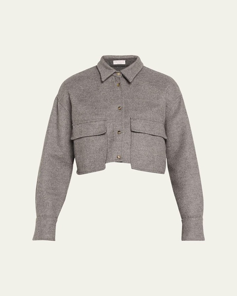 Fluid Wool Cropped Shirt Jacket with Patch Pockets