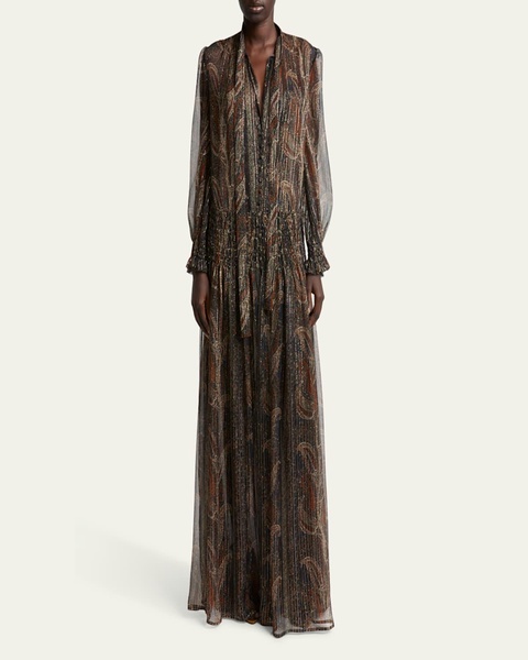 Paisley Sheer Smocked Tie-Neck Gown