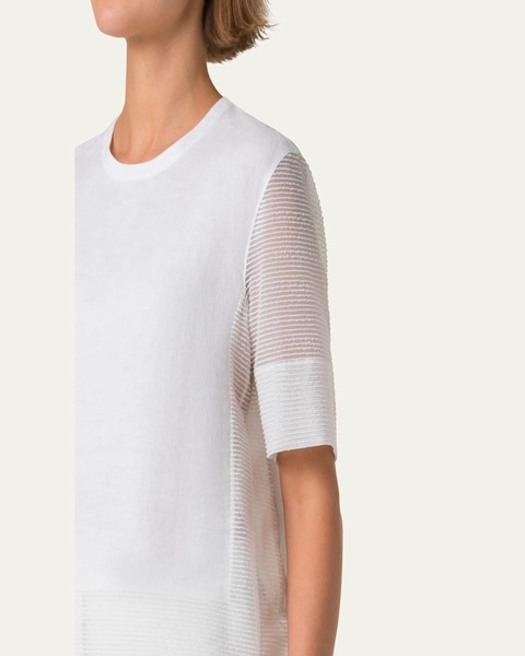 Mixed-Media Linen Striped Organza Short-Sleeve Blouse