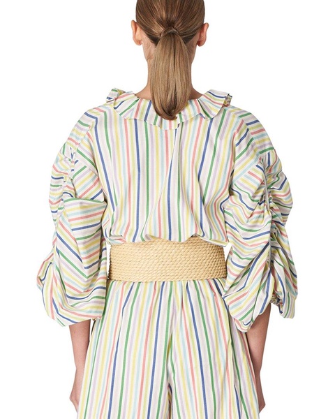 Carolina Herrera Neck Ruffle Shirred Elbow Puff Sleeve Top