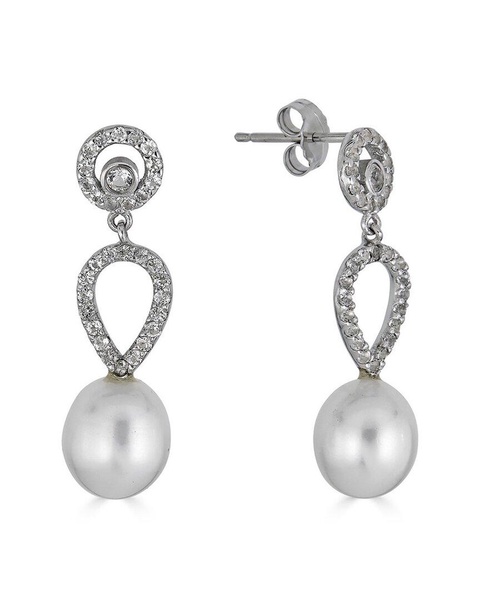 BELPEARL Silver White Topaz 9-8mm Freshwater Pearl Earrings