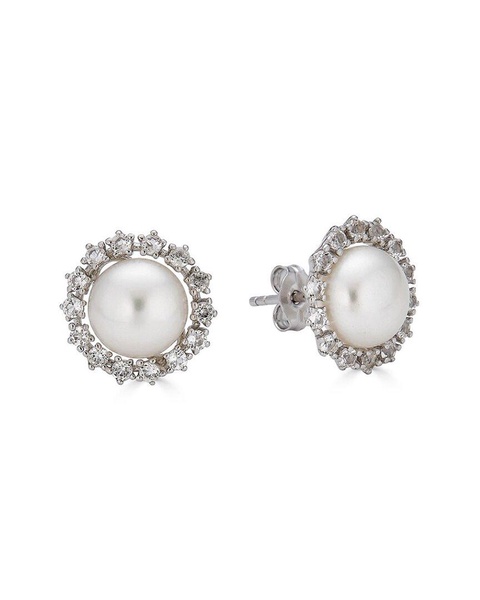 BELPEARL Silver 9.5-9mm Freshwater Pearl CZ Earrings