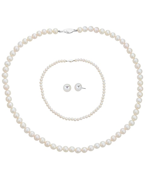 BELPEARL Silver 6-7mm Freshwater Pearl Necklace, Earrings, & Bracelet Set