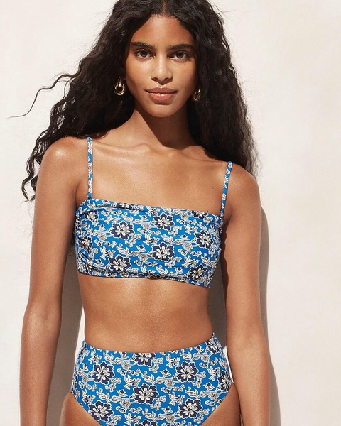 Ruched bandeau bikini top in cobalt floral