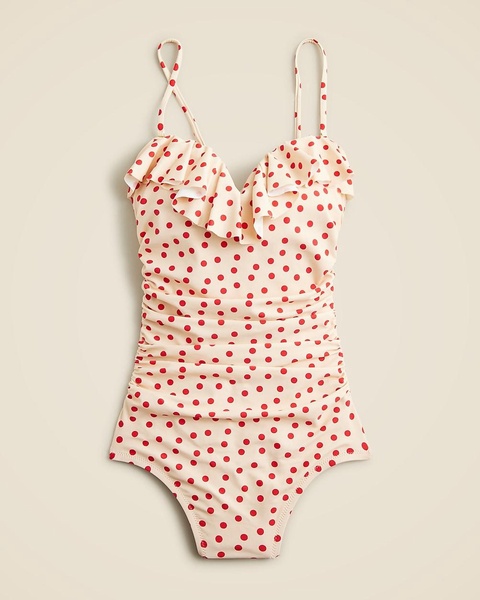 Ruched one-piece swimsuit with ruffles in red dot print