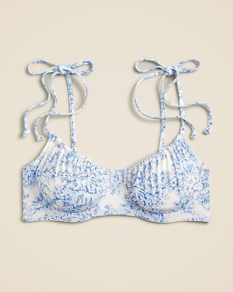 Ruched balconette bikini top in blue toile