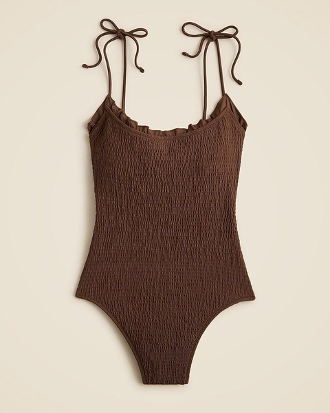 Smocked tie-shoulder one-piece swimsuit