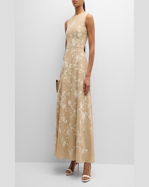 Eloise Floral Vine Embroidered Cotton Burlap Maxi Dress