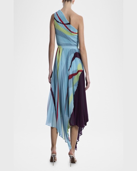 One-Shoulder Abstract-Print Pleated Midi Dress