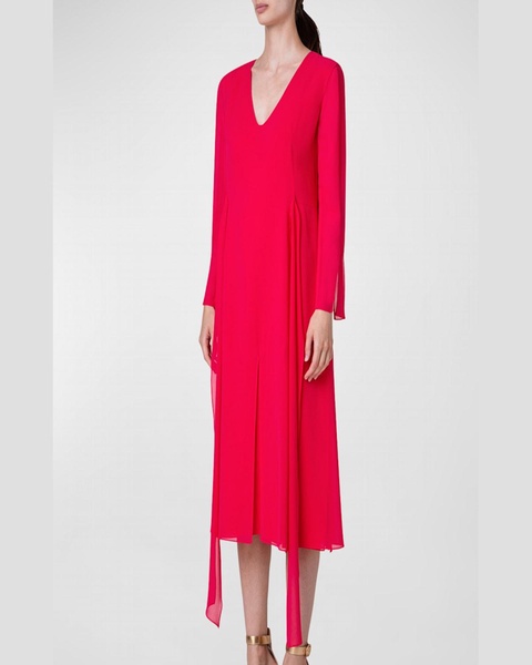 Waist-Tie Long-Sleeve Slit-Hem Chiffon Midi Dress