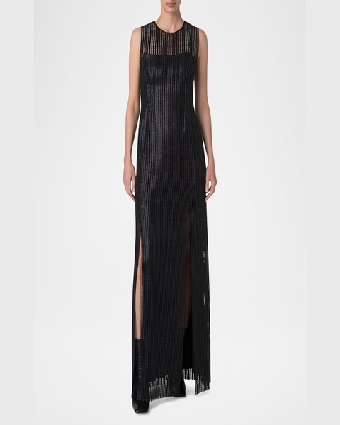 Stripes Embroidered Techno Sleeveless Slits Gown