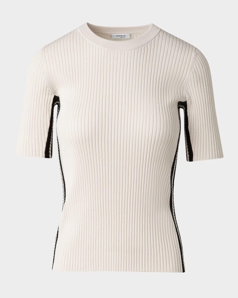 Crochet Stripe Rib Knit Short Sleeve Sweater