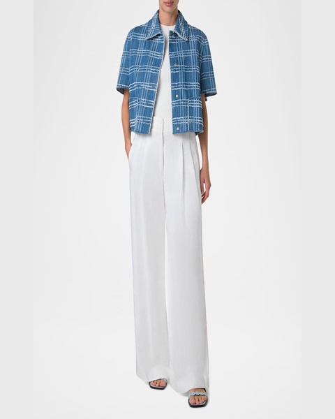 Fringed Check Denim Short-Sleeve Shirt Jacket