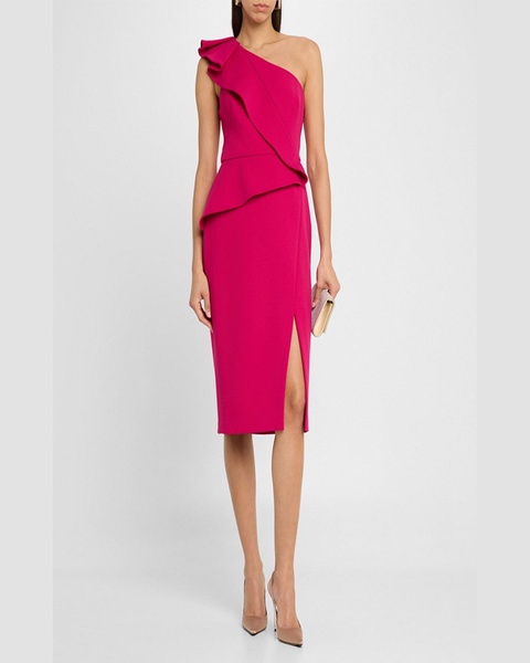 One-Shoulder Ruffle Midi Sheath Dress