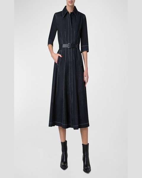 Belted Cotton Denim Midi Dress with Contrast Stitching