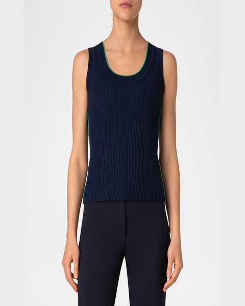 Ribbed Merino Wool Tank Top with Contrast Piping