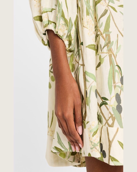 Flowy Puff-Sleeve Printed Linen Mini Dress