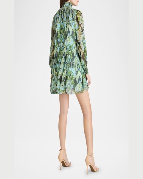 Rika Long-Sleeve Damask Mini Dress