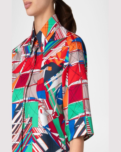Sea Clipper Print Boxy Cotton Satin Blouse
