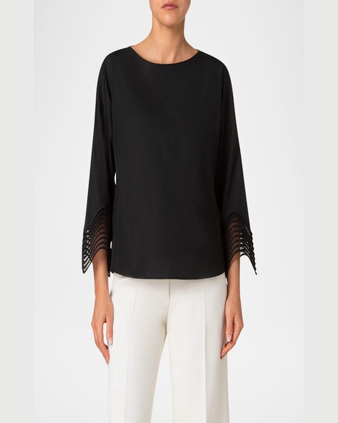 Waved Lace Cuffs Cotton Poplin Blouse