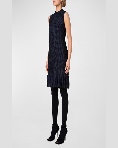 Chunky Tweed Sheath Dress with Fringed Hem