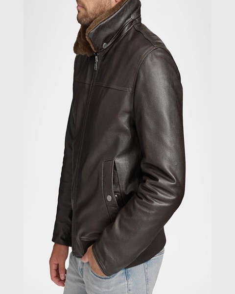 Men's Leather Jacket with Removable Shearling Collar