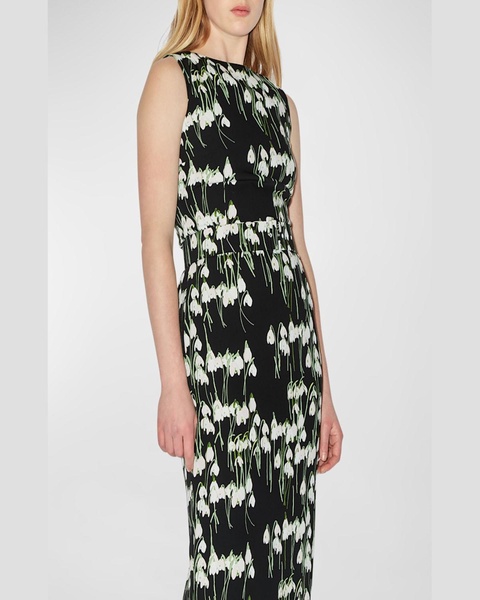 Flower-Print Boat-Neck Belted Midi Dress