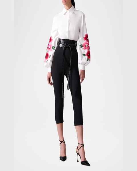 Floral-Embroidered Puff-Sleeve Button-Down Shirt