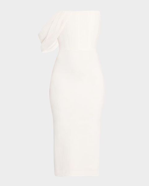 Draped-Sleeve Corset Crepe Midi Dress