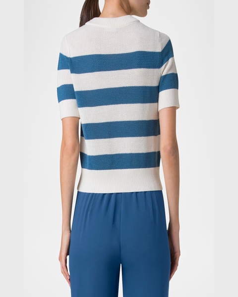 Striped Cool Wool Mesh Knit Short-Sleeve Sweater