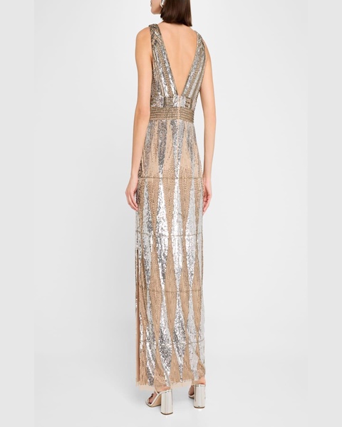 Beaded Deep V-Neck Column Gown