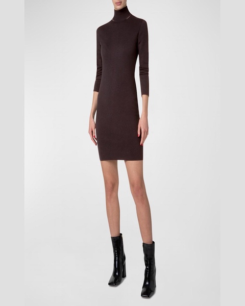 Mock-Neck Slits Long-Sleeve Knit Mini Dress