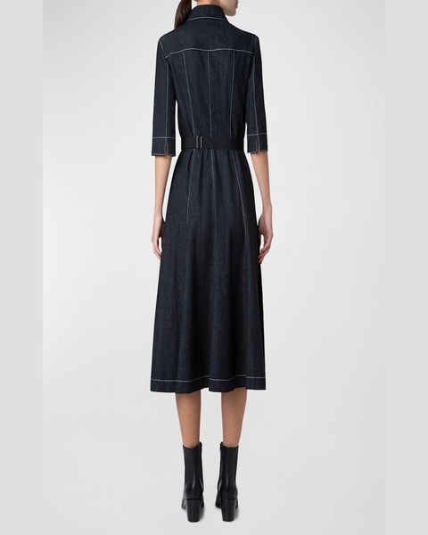 Belted Cotton Denim Midi Dress with Contrast Stitching