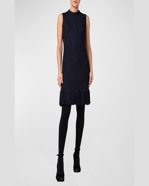 Chunky Tweed Sheath Dress with Fringed Hem