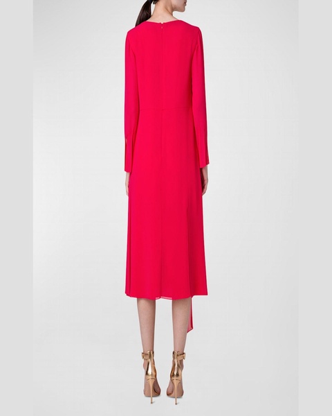 Waist-Tie Long-Sleeve Slit-Hem Chiffon Midi Dress
