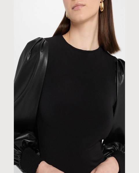 Latoria Crewneck Top with Vegan Leather Sleeves