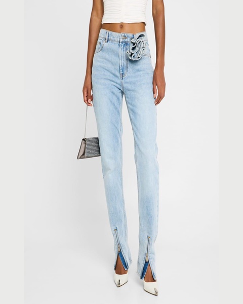 Flower Corsage Zip-Hem Skinny-Leg Jeans