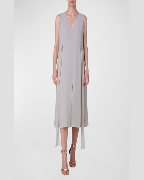 V-Neck Sleeveless Waist-Tie Silk Midi Dress