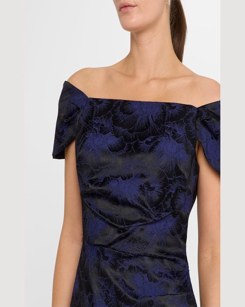 Off-Shoulder Floral Jacquard Midi Dress