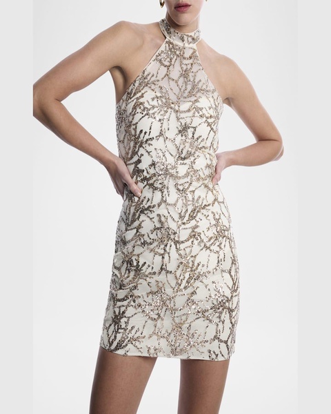 Sequin-Embellished Halter Mini Dress