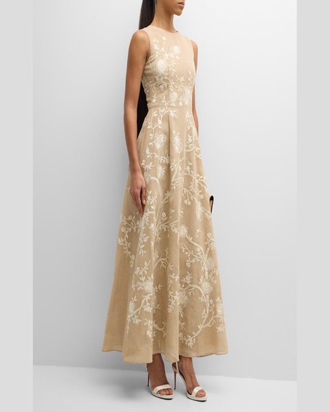 Eloise Floral Vine Embroidered Cotton Burlap Maxi Dress