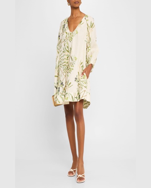 Flowy Puff-Sleeve Printed Linen Mini Dress