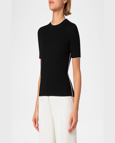 Contrast Piping Short-Sleeve Rib Sweater