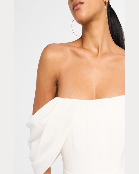Draped-Sleeve Corset Crepe Midi Dress