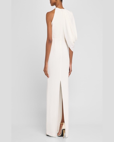 Asymmetric Cape-Sleeve Crepe Column Gown