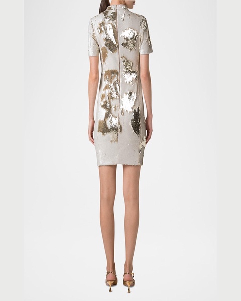 Mock-Neck Short-Sleeve Sequin Mini Dress
