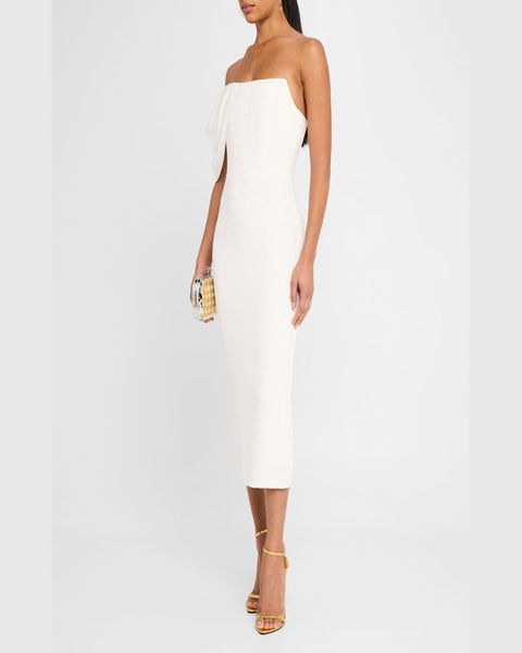 Draped-Sleeve Corset Crepe Midi Dress