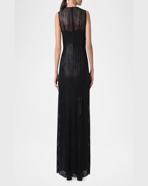 Stripes Embroidered Techno Sleeveless Slits Gown