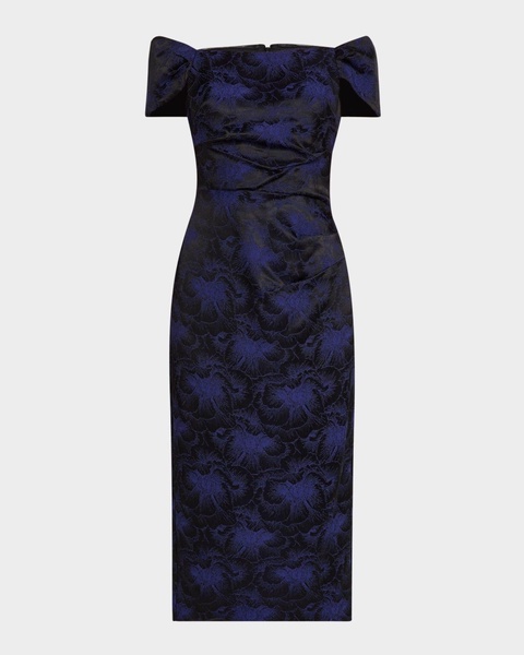 Off-Shoulder Floral Jacquard Midi Dress