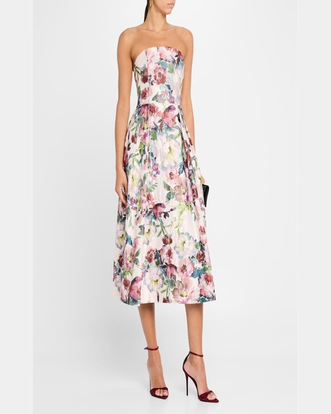 Strapless Floral Jacquard Midi Dress